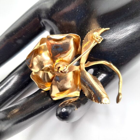 Cerrito Rose Brooch Pin 22K Gold Plate Hand Made - Picture 4 of 9